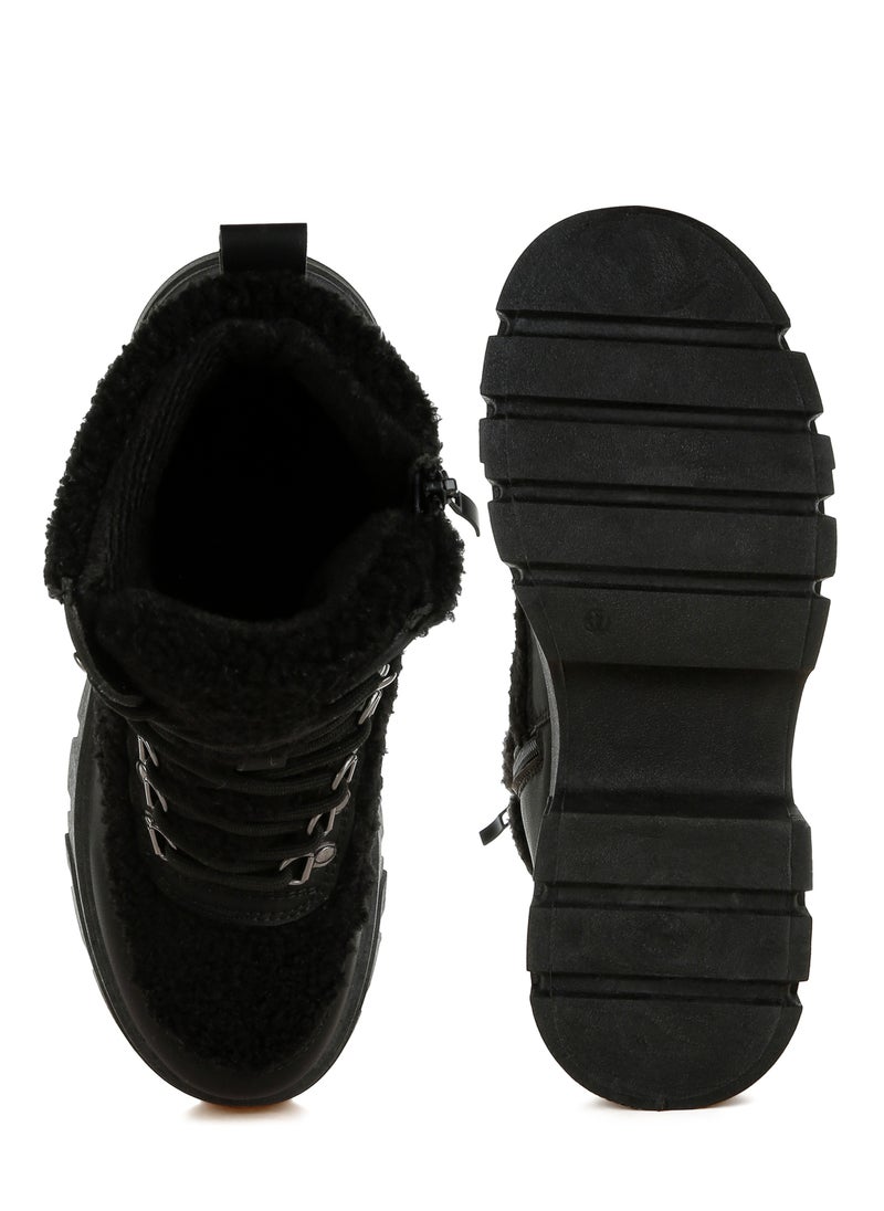 London Rag Black Faux Fur Detail Chunky Hiker Boots  - Image 4