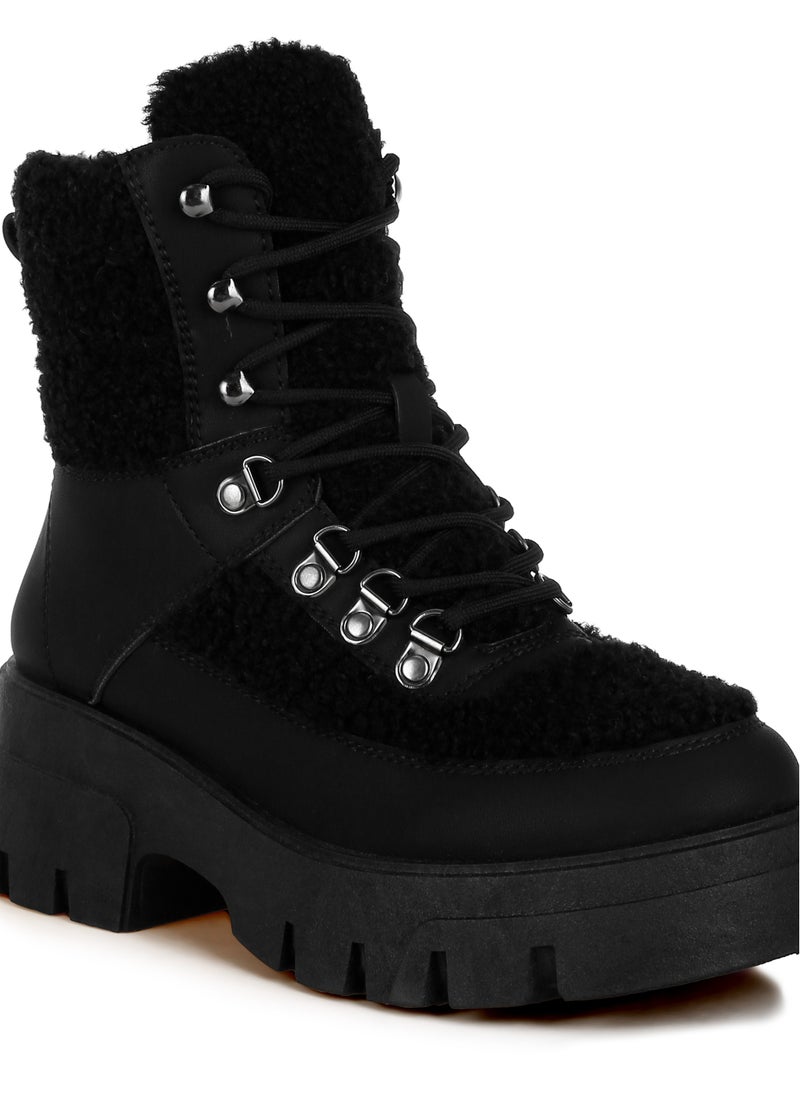 London Rag Black Faux Fur Detail Chunky Hiker Boots  - Image 5