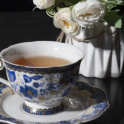 ACMLIFE Bone China Tea Cups and Saucers, 6.8 oz Tea Cup and Saucer Set, with Gold Trim and Gift Box, Blue and White (Blue-D) - Image 4