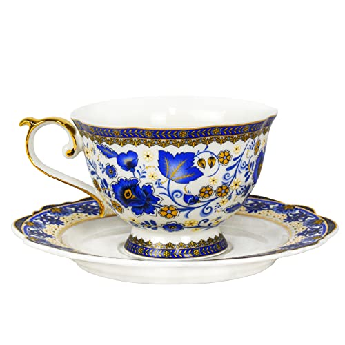 ACMLIFE Bone China Tea Cups and Saucers, 6.8 oz Tea Cup and Saucer Set, with Gold Trim and Gift Box, Blue and White (Blue-D) - Image 1