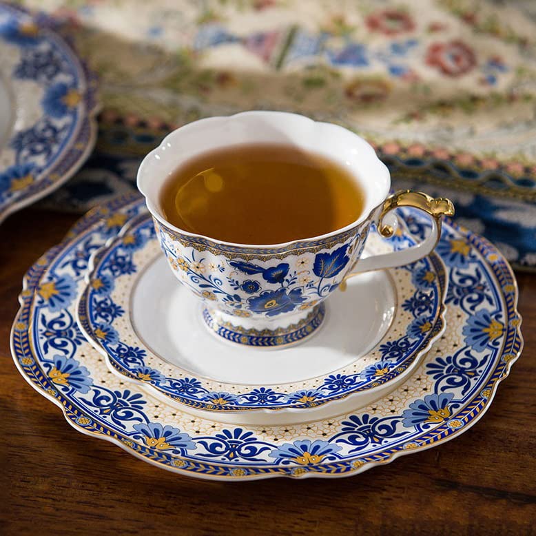 ACMLIFE Bone China Tea Cups and Saucers, 6.8 oz Tea Cup and Saucer Set, with Gold Trim and Gift Box, Blue and White (Blue-D) - Image 3