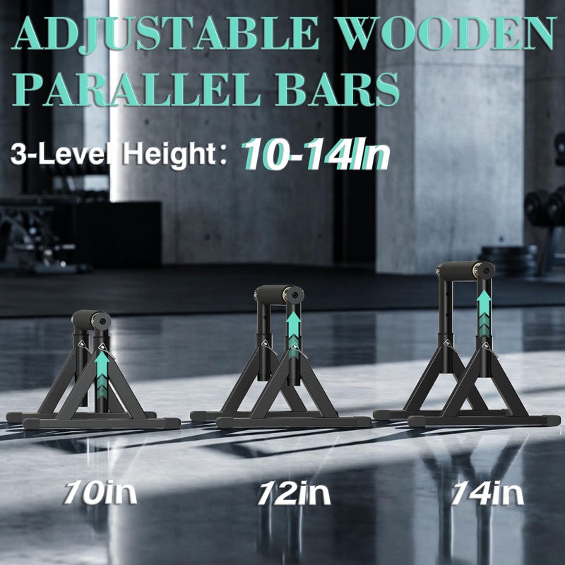GanFindX 10-14'' Wooden Parallel Bar and Dip Bar with Adjustable Height and Non-Slip Handles, Rock-Free Fitness Equipment for Handstands, L-Sits, Gymnastics and Strength Training for Home Gym, 600lbs Capacity - Image 3
