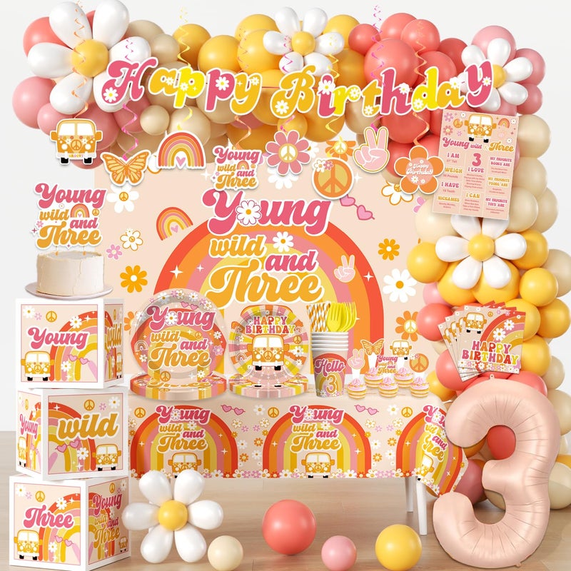 cocomigo 263pcs Young Wild and Three Party Decorations Boho Groovy Daisy 3rd Birthday Decorations for Girls with Balloon Arch Tableware Backdrop Banner Tablecloth Cake Topper Balloon Box Etc Serves 20 - Image 2