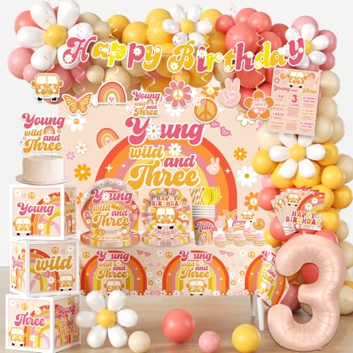 cocomigo 263pcs Young Wild and Three Party Decorations Boho Groovy Daisy 3rd Birthday Decorations for Girls with Balloon Arch Tableware Backdrop Banner Tablecloth Cake Topper Balloon Box Etc Serves 20 - Image 1