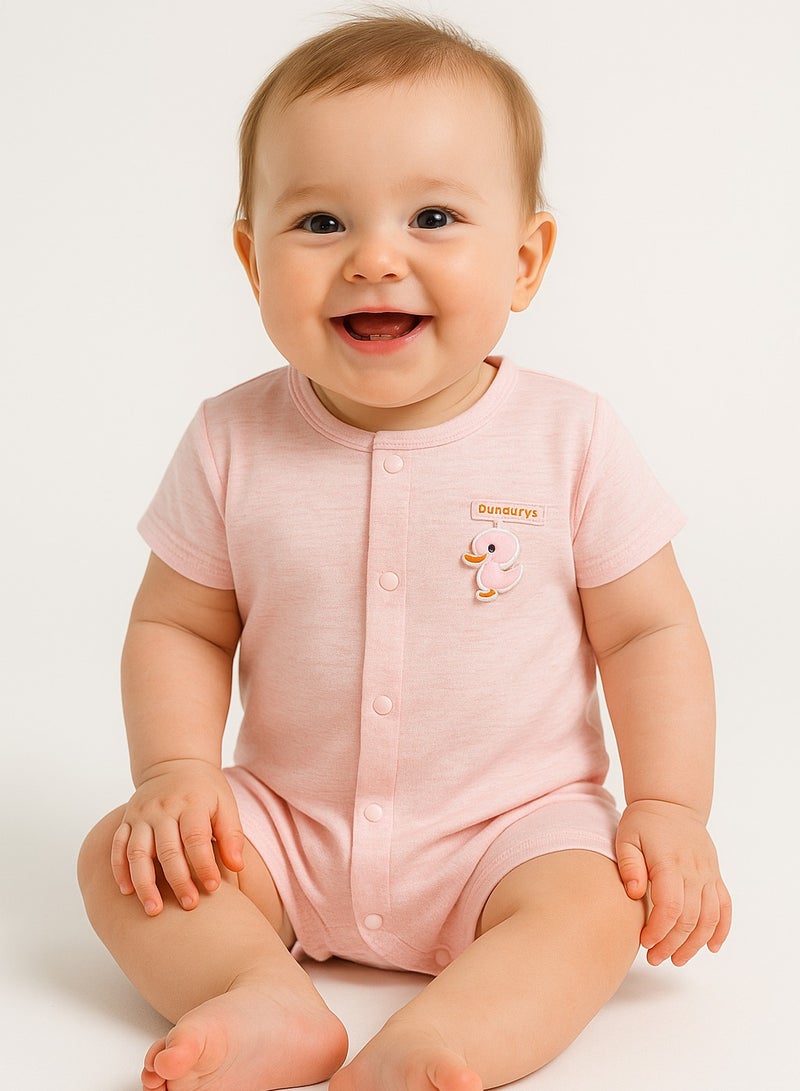 Baby Half-Sleeve Romper - Cotton Blend Lightweight Bodysuit with Duck Pendant, Front Snap Closure - For 3-18 Months - Image 1
