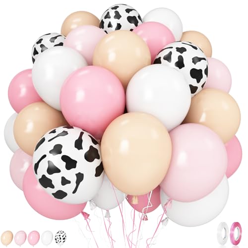 Govpy Cow Print Balloons 60PCS Pastel Pink Cow Print Latex Balloons Pink Cream Beige White Balloons for Girls Birthday Baby Shower Cowgirl Rodeo Farm Animals Gender Reveal Party Decorations Supplies - Image 1