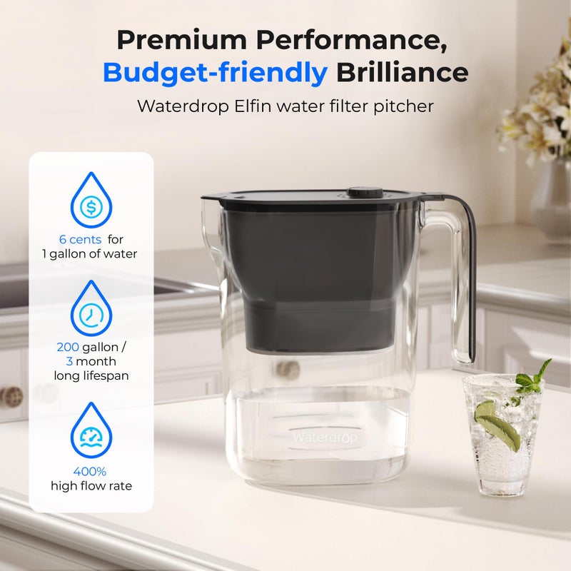 Waterdrop Water Filter Pitcher, 200-Gallon Long-Life, Countertop NSF Certified Water Purifier, Replaces 6,400 Plastic Water Bottles a Year, Reduces Chlorine, PFOA/PFOS, 7-Cup, Black - Image 2