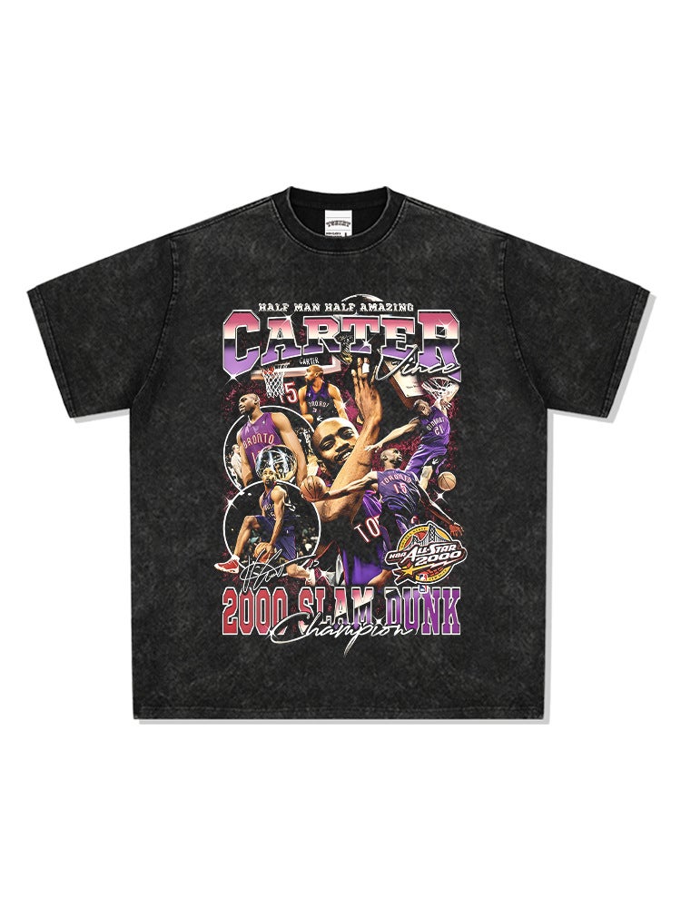 Vintage Vince Carter Printed Short-sleeved T-shirt Men''s Washed Dressed Loose Heavy Small Collar Men''s - Image 5