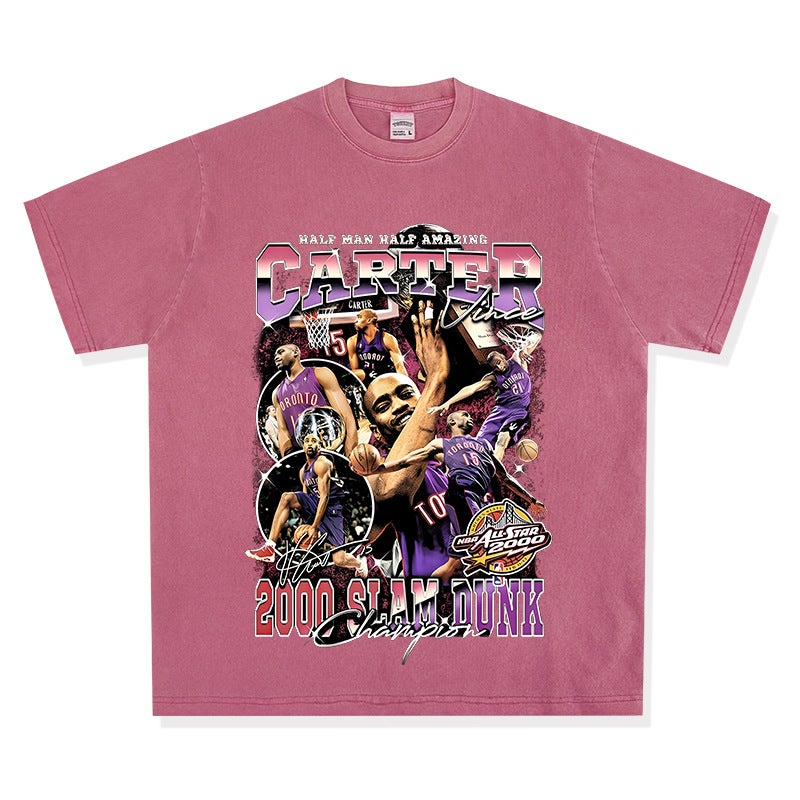 Vintage Vince Carter Printed Short-sleeved T-shirt Men''s Washed Dressed Loose Heavy Small Collar Men''s - Image 1