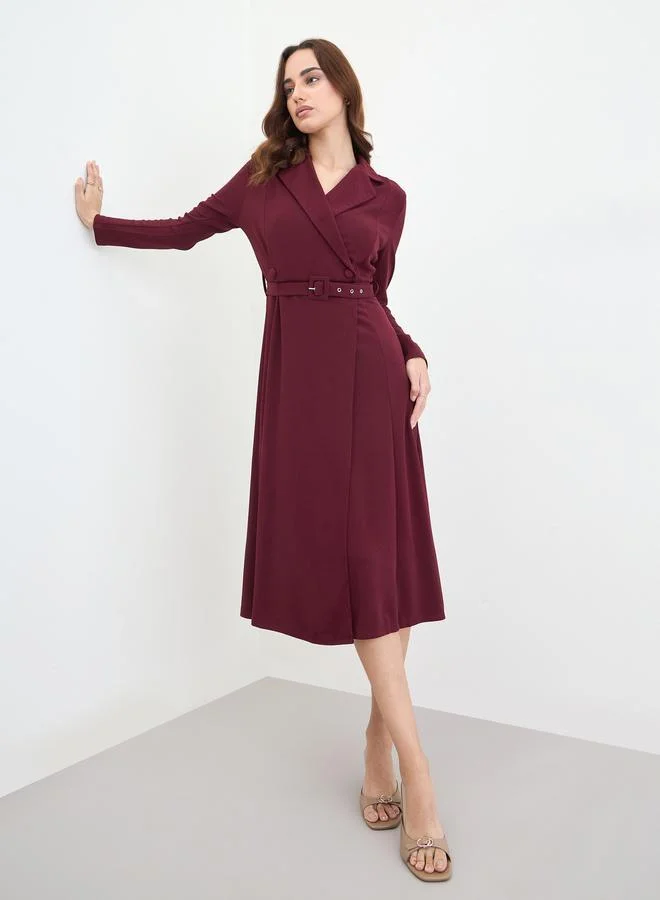 Styli Burgundy Belted Blazer Midi Dress