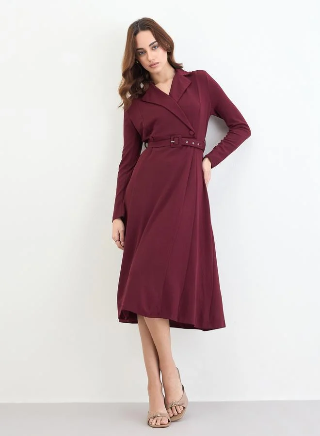 Burgundy Belted Blazer Midi Dress