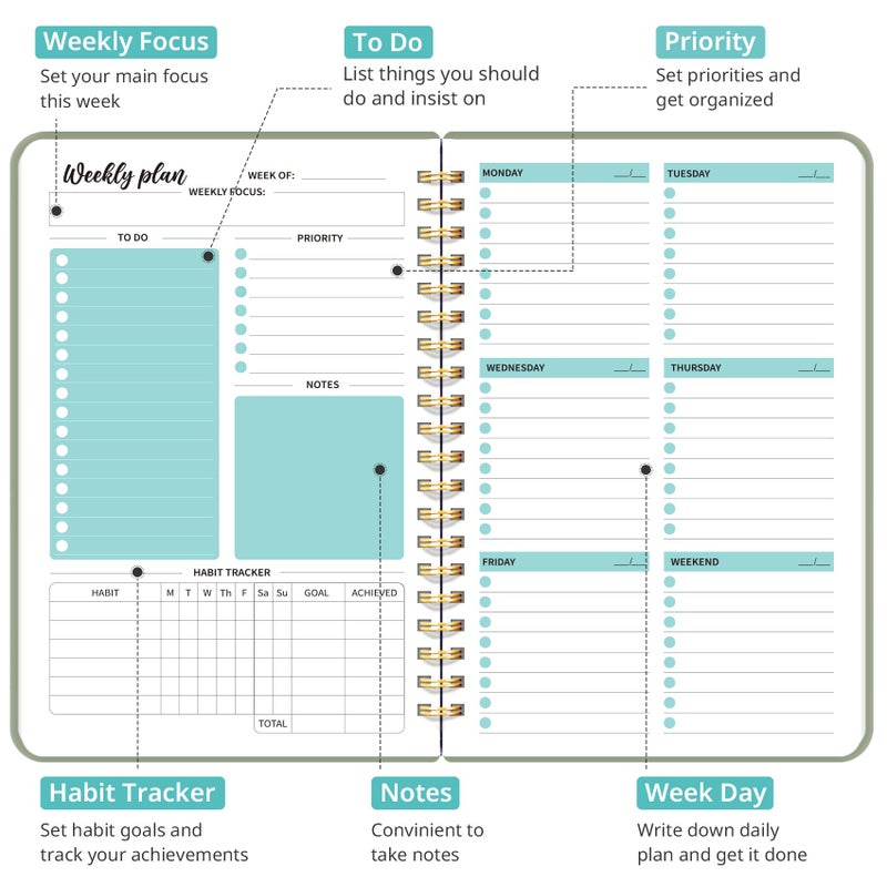 Taja Undated Weekly Planner, Weekly To Do List Notebook with Goal & Habit Tracker Organizer, A5 Weekly Planner Notebook with Spiral Binding, 6.1" x 8.2" - Green - Image 2
