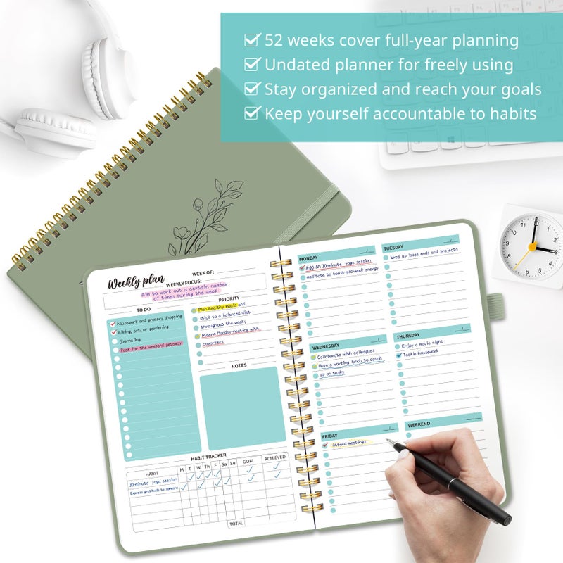 Taja Undated Weekly Planner, Weekly To Do List Notebook with Goal & Habit Tracker Organizer, A5 Weekly Planner Notebook with Spiral Binding, 6.1" x 8.2" - Green - Image 3