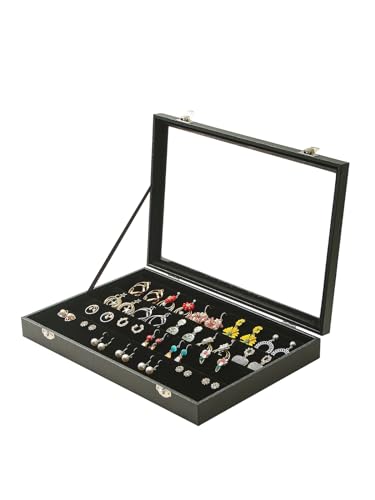 Coward Earring Organizer Tray Box Black Velvet Earring Jewelry Display Storage Tray Case with Transparent Glass Lid for Home Drawer or Shop Selling - Image 1