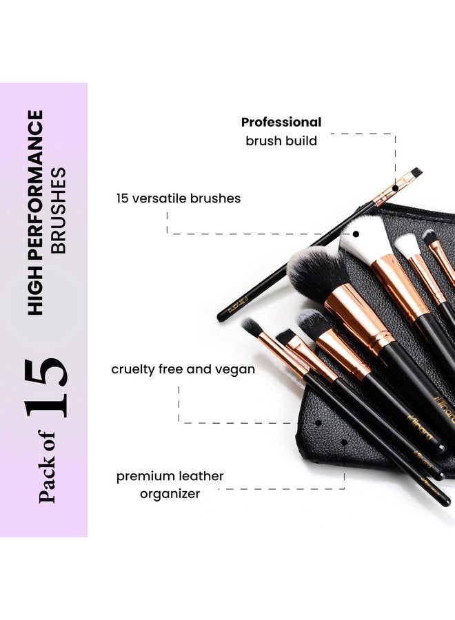 Minara Makeup Brush Set Of 15 With Easy To Carry Pouch (Black) | Travel Size Cosmetic Brushes Kit For Face Foundation Brush Eyeshadow With Storage | Makeup Pouch For Women | - Image 2