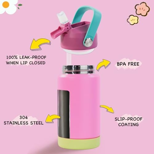Kerilyn 12oz Kids Water Bottle, Stainless Steel Insulated Water Bottle for Kids, Toddler Cup with Straws Leak-Proof, Kids Water Bottles for School Boys Girls, BPA Free, Rose Red - Image 2