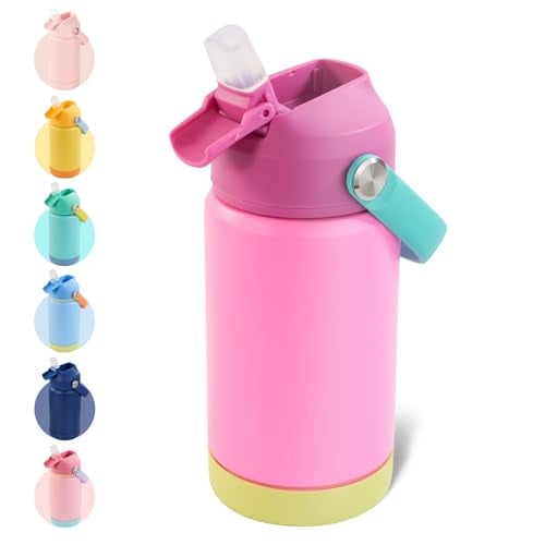 Kerilyn 12oz Kids Water Bottle, Stainless Steel Insulated Water Bottle for Kids, Toddler Cup with Straws Leak-Proof, Kids Water Bottles for School Boys Girls, BPA Free, Rose Red - Image 1