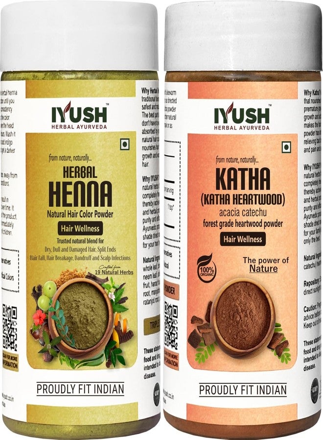IYUSH Herbal Ayurveda Herbal Mehndi for Hair Color and Katha Powder for Hair - 200gm | Natural Hair Colour without Chemical | Herbal Hair Colour | Hair Volume Powder | Hair Powder | 100gm each - Image 1