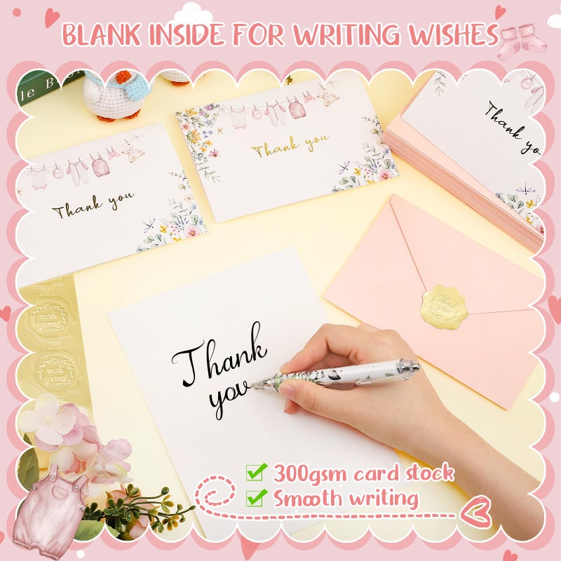 Thboxes 50 Pack Pink Baby Shower Thank You Cards with Envelopes and Stickers for Girl, Thank You Notes with Envelopes Set Bulk, Blank Greeting Cards for Birthday Baby Shower Party - Image 3