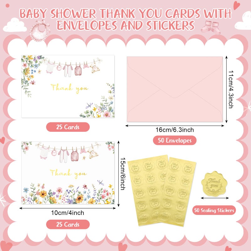 Thboxes 50 Pack Pink Baby Shower Thank You Cards with Envelopes and Stickers for Girl, Thank You Notes with Envelopes Set Bulk, Blank Greeting Cards for Birthday Baby Shower Party - Image 2
