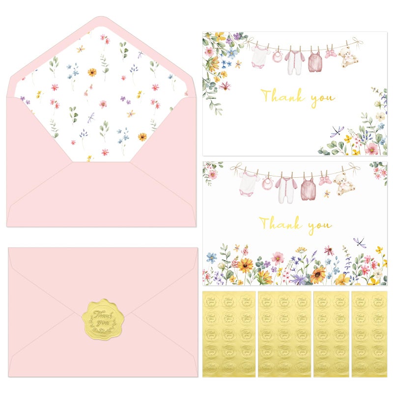 Thboxes 50 Pack Pink Baby Shower Thank You Cards with Envelopes and Stickers for Girl, Thank You Notes with Envelopes Set Bulk, Blank Greeting Cards for Birthday Baby Shower Party - Image 1