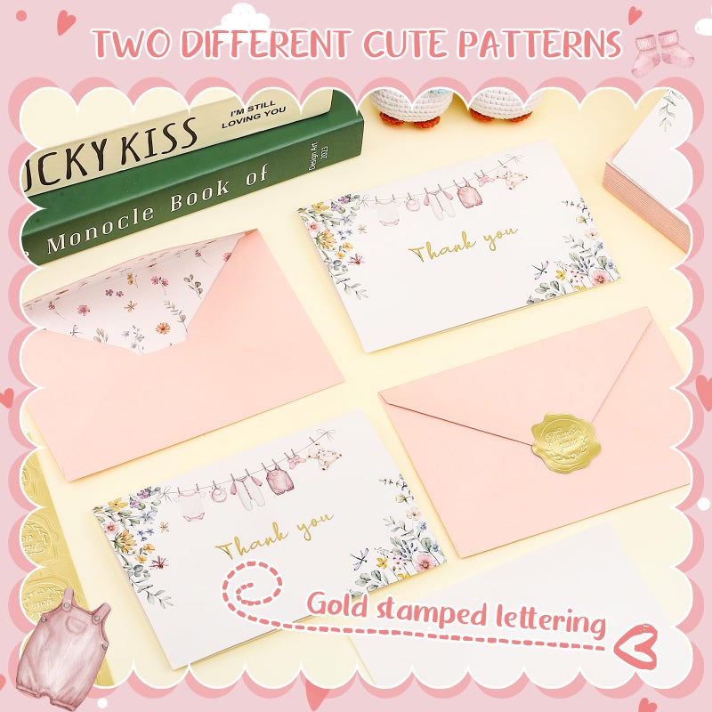 Thboxes 50 Pack Pink Baby Shower Thank You Cards with Envelopes and Stickers for Girl, Thank You Notes with Envelopes Set Bulk, Blank Greeting Cards for Birthday Baby Shower Party - Image 5