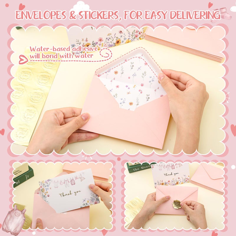 Thboxes 50 Pack Pink Baby Shower Thank You Cards with Envelopes and Stickers for Girl, Thank You Notes with Envelopes Set Bulk, Blank Greeting Cards for Birthday Baby Shower Party - Image 4