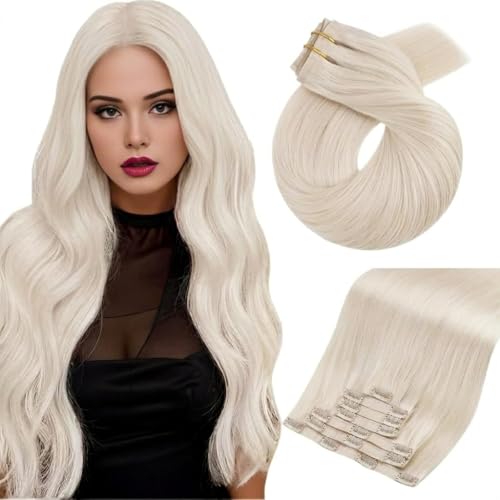 Moresoo Seamless Clip in Hair Extensions Platinum Blonde PU Skin Weft Hair Extensions Clip ins Human Hair Soft and Straight Human Hair Clip in Extensions Can Style 120G 20Inch 7Pcs - Image 1
