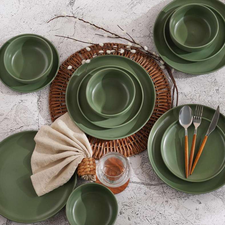 Pan Home طقم عشاء من 12 قطعة من الخزف - أخضر