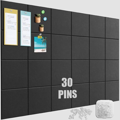 TSJ Home Large Felt Cork Board Alternative 36 x 24 Black Bulletin Board with 30 Pushpins 6 Pack Adhesive Cork Board Sound Absorbing Fabric Wall Tiles for Office Home Music Class - Image 1