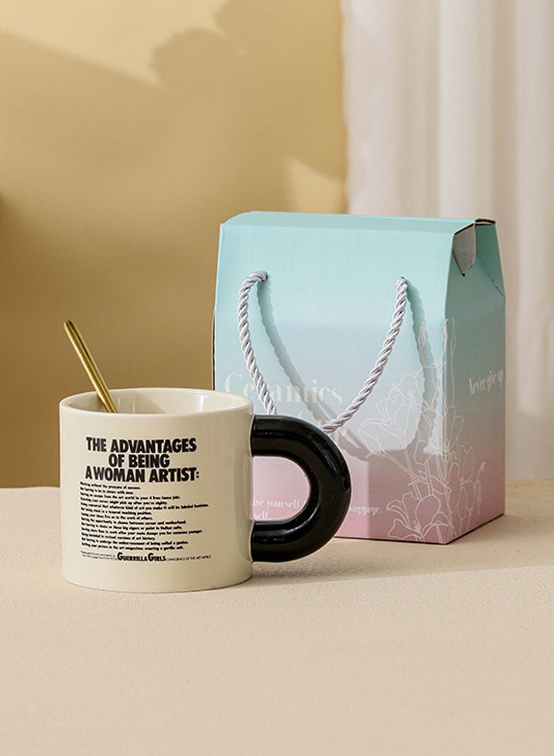 كوب سيراميك مع ملعقة، أسود بسيط على الطراز الإنجليزي، لمشروبات القهوة والشاي الباردة، آمنة للاستخدام في الميكروويف وغسالة الأطباق، 350 مل - Image 1