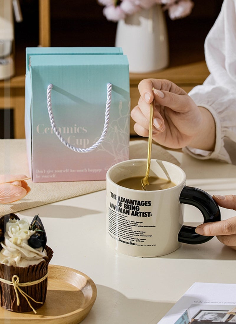 كوب سيراميك مع ملعقة، أسود بسيط على الطراز الإنجليزي، لمشروبات القهوة والشاي الباردة، آمنة للاستخدام في الميكروويف وغسالة الأطباق، 350 مل - Image 5