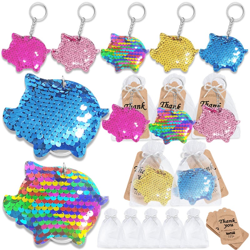 CiciBear 60 Pack Pig DoubleDeck Flip Sequin Party Sets with 20 Keychains 20 Thank You Tags and 20 Bags for Animal PartyBirthdayCarnival Goodie Bag Stuffers 5 Colors - Image 2