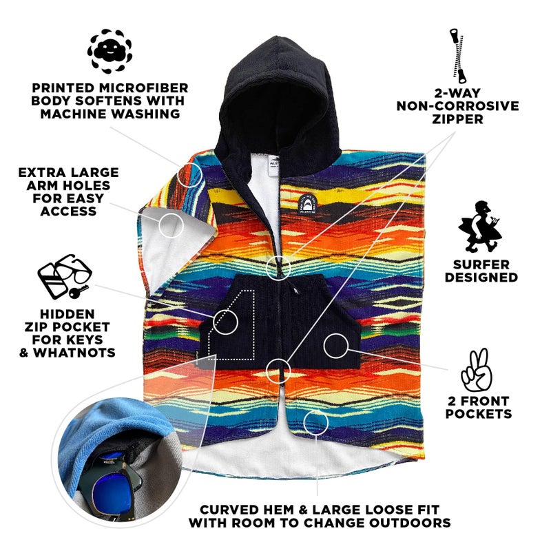 Pilotfish Surf Poncho Changing Robe Towel - Hooded, Zippered Towel Poncho for Beach, Surfing, Swimming | 2 Front Pockets, Machine Washable, (Serape, Large) - Image 4