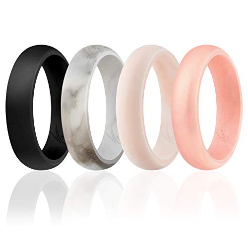 ROQ Silicone Rubber Wedding Ring for Women, Dome Solid Glitter & Metallic, Rubber Wedding Band, 5.5mm Wide 2mm Thick, 4 Pack, Marble White-Black, Marble White-Rose Gold, Black, Rose Gold, Size 5 - Image 1