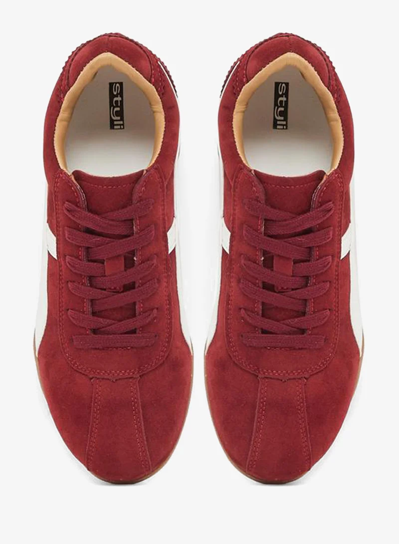 Styli  Women Burgundy Suede Lace-Up Sneakers for Women | Best Price UAE
