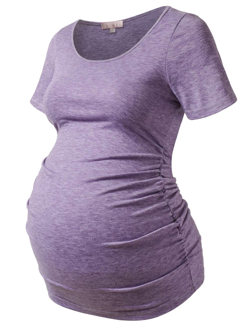 Bhome Maternity Shirt Basic Top Ruched Pregnancy Tshirt Purple L