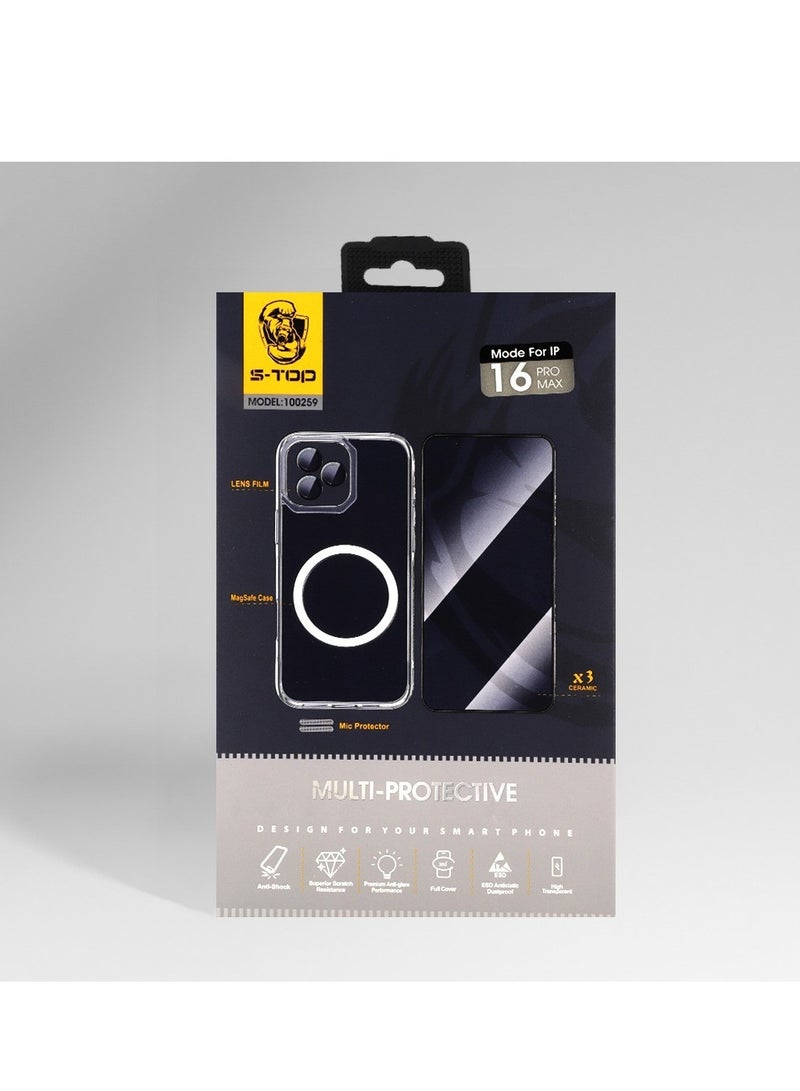 اس-توب بكج الحماية الكاملة الجديد لـ آيفون 16  مع كفر يدعم الشحن اللاسلكي (MagSafe) و مسكة بتصميم رائع وفريد للجراب حماية كاملة لجهازك ضد الخدوش والسقوط (10in1)البكج الأصلي من S-TOP - Image 1