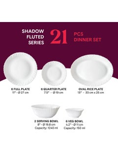 LARAH BY BOROSIL Larah by Borosil Shadow Fluted Series Opalware Dinner Set | 21 Pieces for Family of 6 | Microwave & Dishwasher Safe | Bone-Ash Free | Crockery Set for Dining & Gifting | Plates & Bowls | White  - Image 2