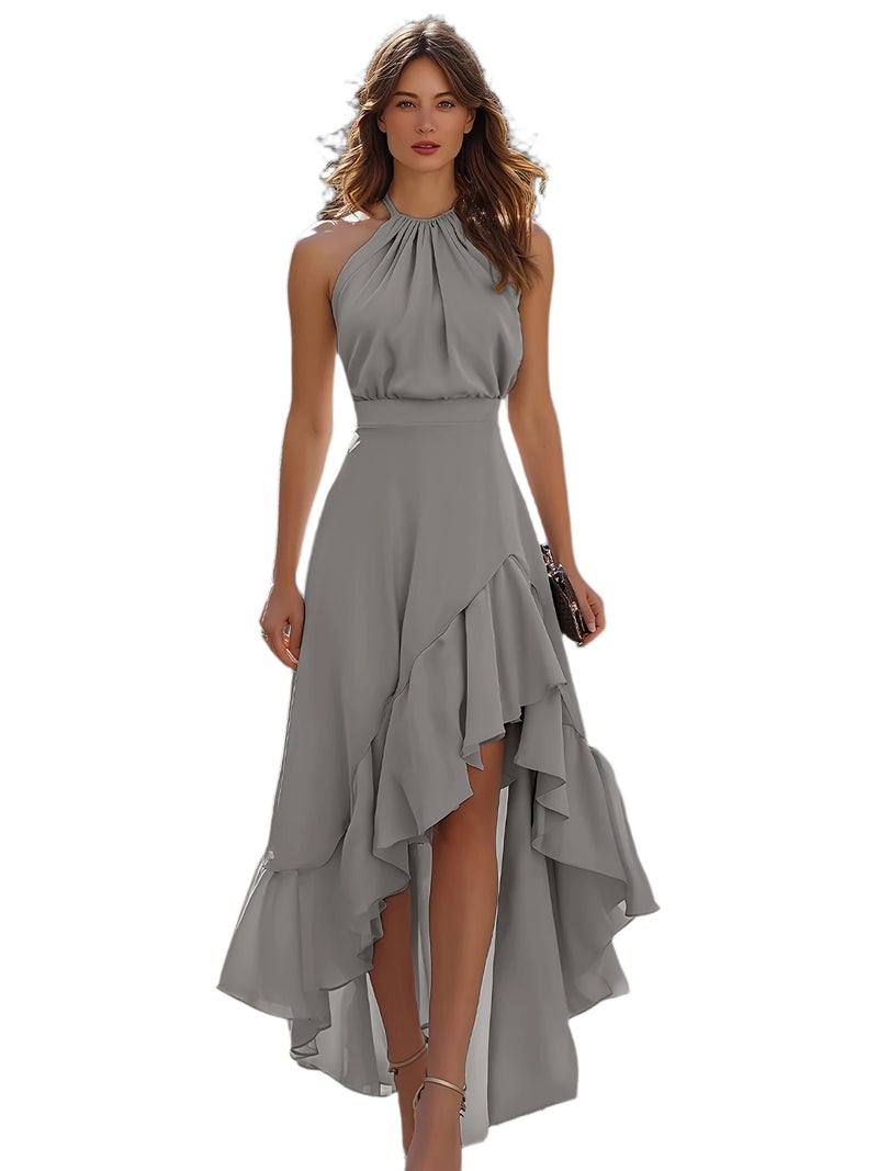 Spring\u002FSummer Fashionable and Elegant Halter Neck Ruffle Dress - Image 1