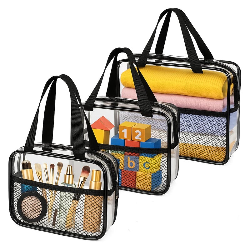 XEWEA Large Small Clear Travel Toiletry Bags with Handles & Pocket for Men Women, 3PCS TSA Approved Transparent Makeup Bag,Waterproof PVC Quart Organizer with Zipper for Toiletries Airline Essentials - Image 1