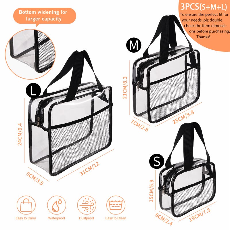 XEWEA Large Small Clear Travel Toiletry Bags with Handles & Pocket for Men Women, 3PCS TSA Approved Transparent Makeup Bag,Waterproof PVC Quart Organizer with Zipper for Toiletries Airline Essentials - Image 2