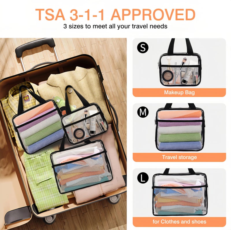 XEWEA Large Small Clear Travel Toiletry Bags with Handles & Pocket for Men Women, 3PCS TSA Approved Transparent Makeup Bag,Waterproof PVC Quart Organizer with Zipper for Toiletries Airline Essentials - Image 4