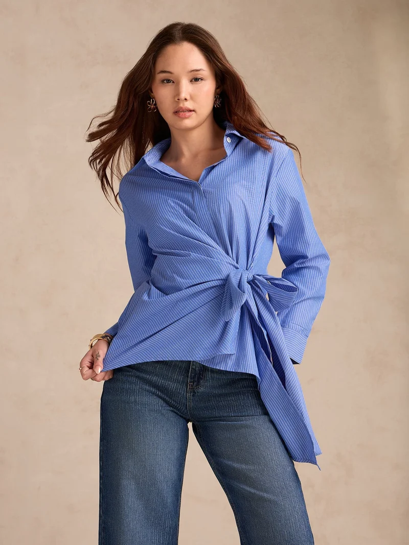Outzidr  Blue Side Knot Detailing Shirt for Women | Best Price UAE