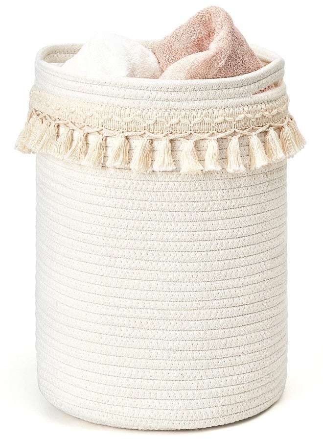Mkono Macrame Decorative Cotton Rope Basket Boho Nursery Decor Small Cute Woven Tassel Closet Storage Bins Organizer for Baby Toys,Magazines, Potted Plants Cover,Living Room,Bedroom, 15.7"x19.6" - Image 1