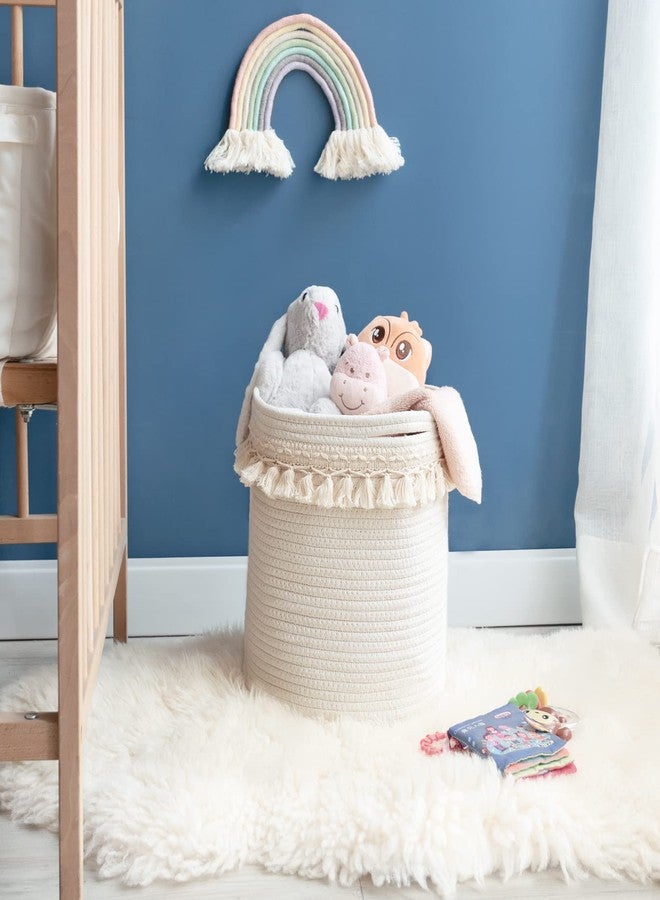 Mkono Macrame Decorative Cotton Rope Basket Boho Nursery Decor Small Cute Woven Tassel Closet Storage Bins Organizer for Baby Toys,Magazines, Potted Plants Cover,Living Room,Bedroom, 15.7"x19.6" - Image 4