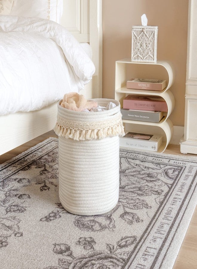 Mkono Macrame Decorative Cotton Rope Basket Boho Nursery Decor Small Cute Woven Tassel Closet Storage Bins Organizer for Baby Toys,Magazines, Potted Plants Cover,Living Room,Bedroom, 15.7"x19.6" - Image 3