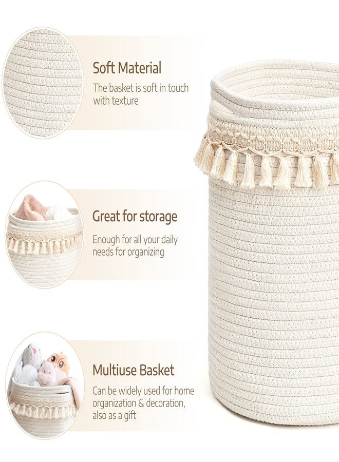 Mkono Macrame Decorative Cotton Rope Basket Boho Nursery Decor Small Cute Woven Tassel Closet Storage Bins Organizer for Baby Toys,Magazines, Potted Plants Cover,Living Room,Bedroom, 15.7"x19.6" - Image 2