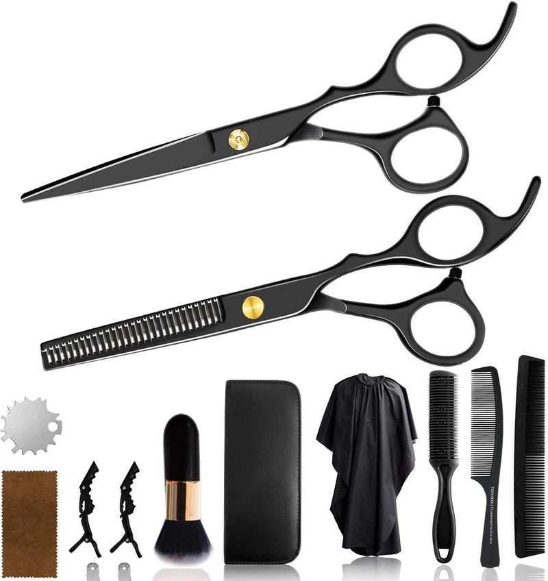 WeTest 12 PCS Hair Cutting Scissors Hair Cutting Shear Hairdressing Kit for Home Salon Barber Gift with Thinning Shears Hair Razor Comb Clips Cape Kit Black