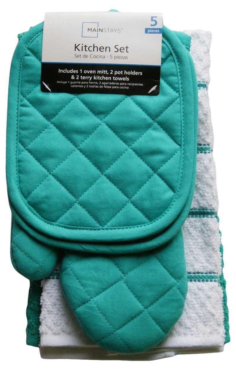 Mainstay MAINSTAYS Teal Island Kitchen Towel Set 5 Piece Pot Holders Oven Mitt  2 Terry Kitchen Towels 1 A